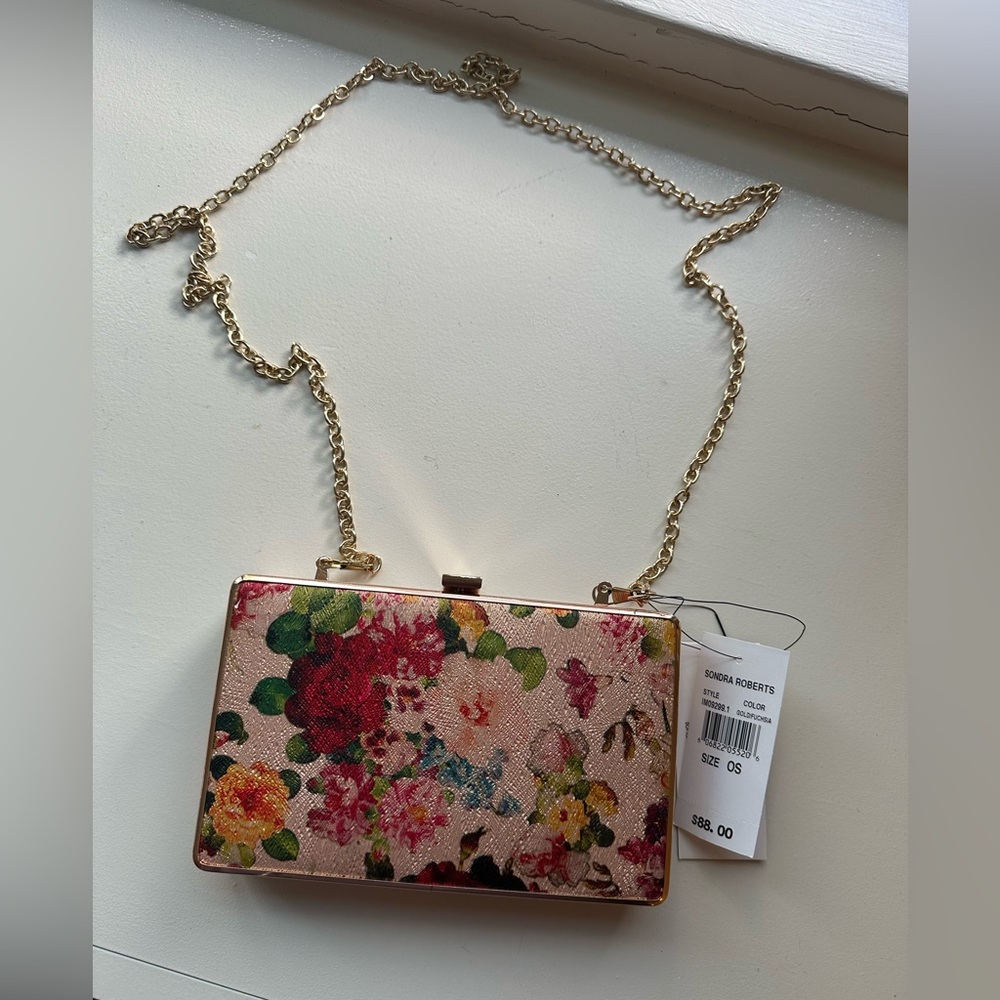 Floral Box Clutch Evening Bag w/ Gold Chain Strap – Wedding Guest / Formal - Picture 4 of 4